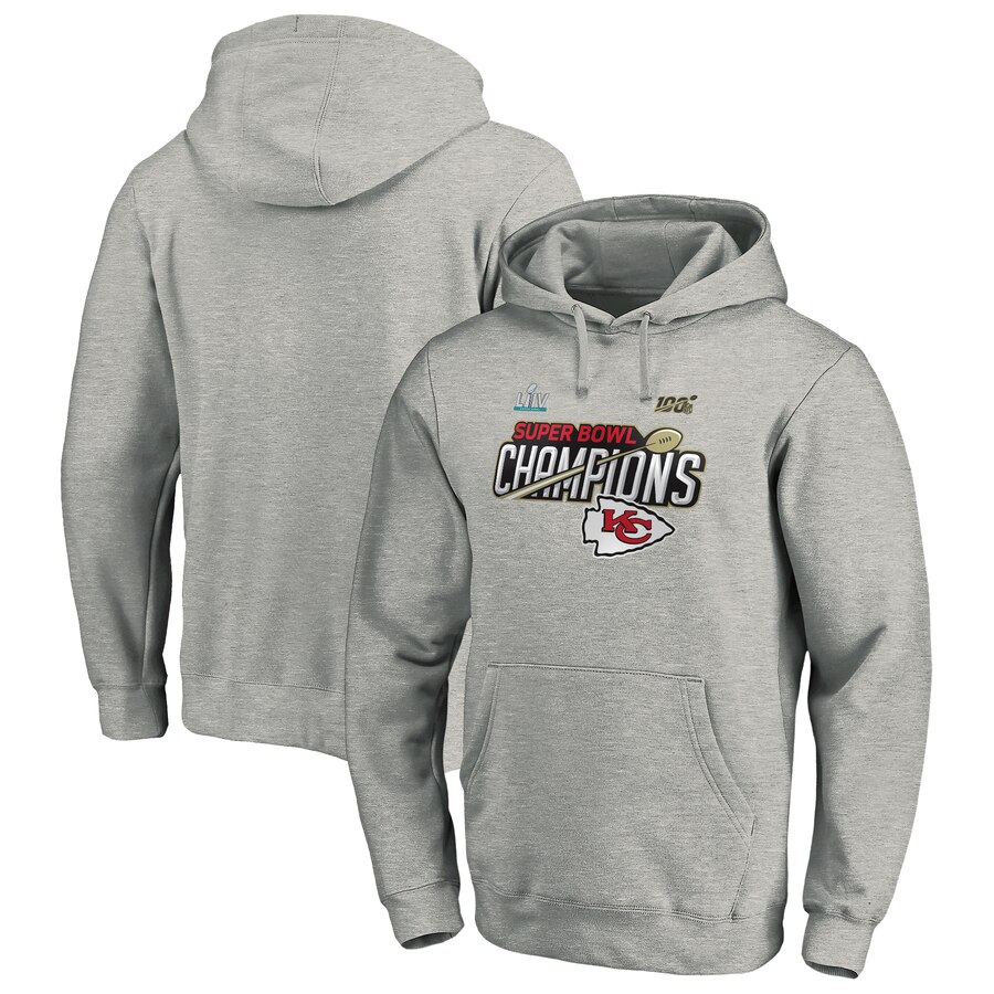 Men Kansas City Chiefs NFL Pro Line by Fanatics Branded Super Bowl LIV Champions Trophy Collection Locker Room Pullover Hoodie Heather Gray